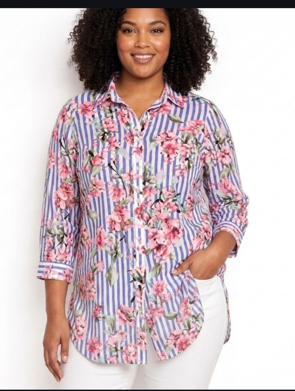 Talbots Striped Floral Long Sleeve Button Down Chiffon Blouse Size 2X - Picture 3 of 12